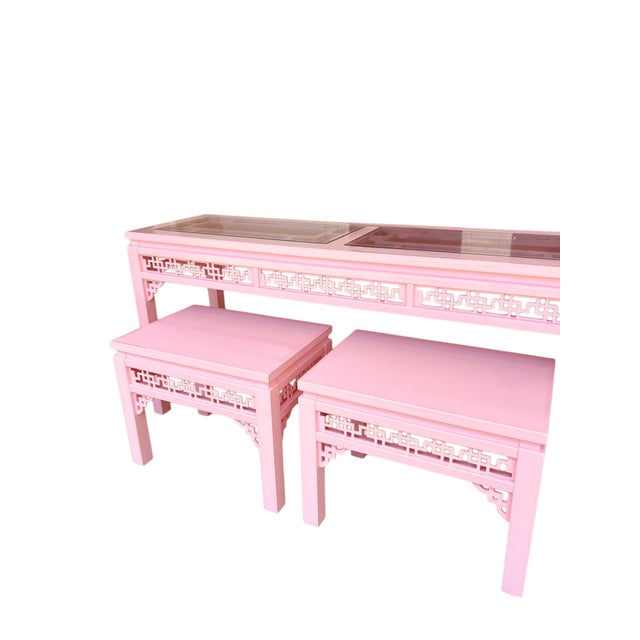 Pink 1980’s Pair Chinese Chippendale Fretwork Benches For Sale - Image 8 of 10