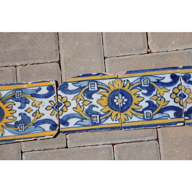 Ceramic 17th Century Portuguese Floral Border Tiles Set of 10 Blue, Yellow & White Antique For Sale - Image 7 of 12