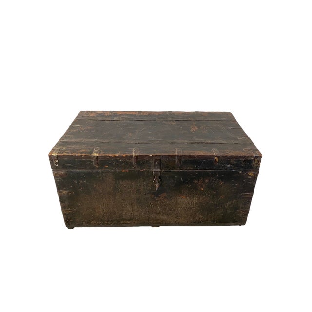 Boho Chic Rustic Painted Teak Traveling Trunk For Sale - Image 3 of 9