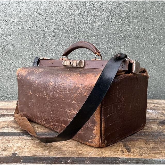 Brown Vintage Stamped Croco Doctors Bag For Sale - Image 8 of 12