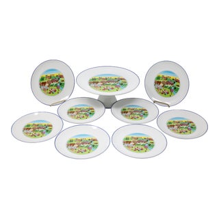 Vintage Countryside Illustration Cake Pedestal and Serving Plates - Set of 9 For Sale