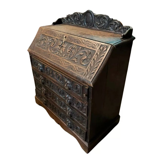 Stunning Antique Secretaire, Carved, Oak, Georgian, English, Slant Drop Front, 1800s!! Gorgeous early 19th century...