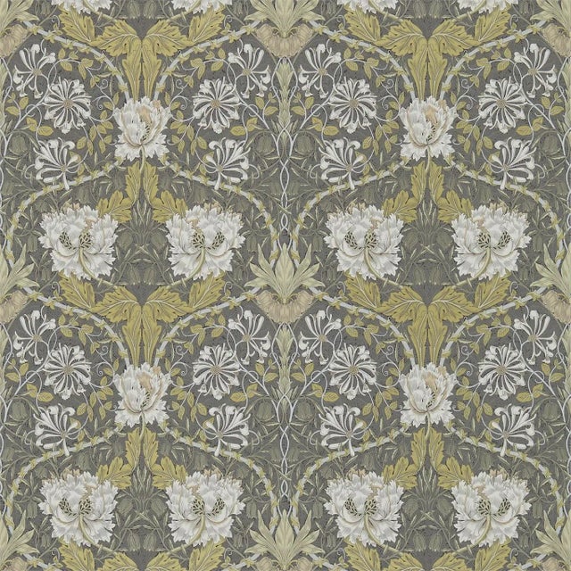 Morris & Co Honeysuckle & Tulip Wallpaper in Charcoal/Gold For Sale
