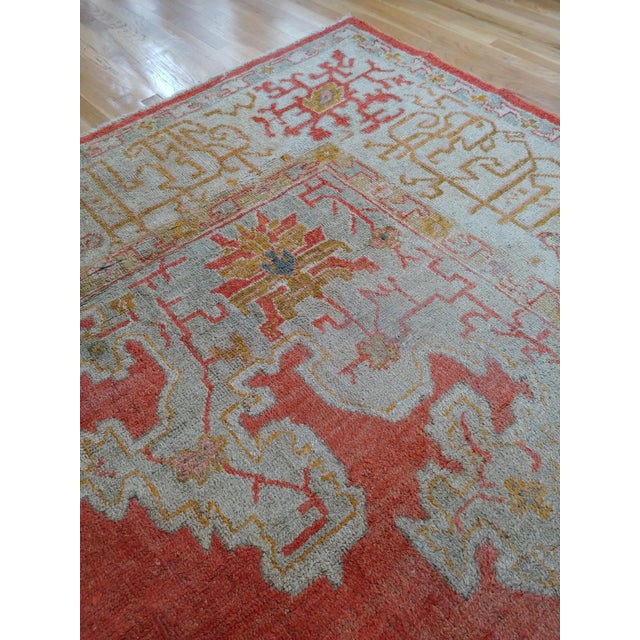 Antique Oushak Carpet, Oriental Rug, Handmade Rug Saffron, Light Blue and Coral For Sale - Image 15 of 18