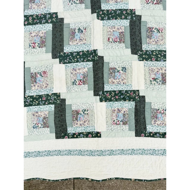 Vintage Hand Stitched Log Cabin Quilt Green And White, Square 77x79” For Sale - Image 15 of 18