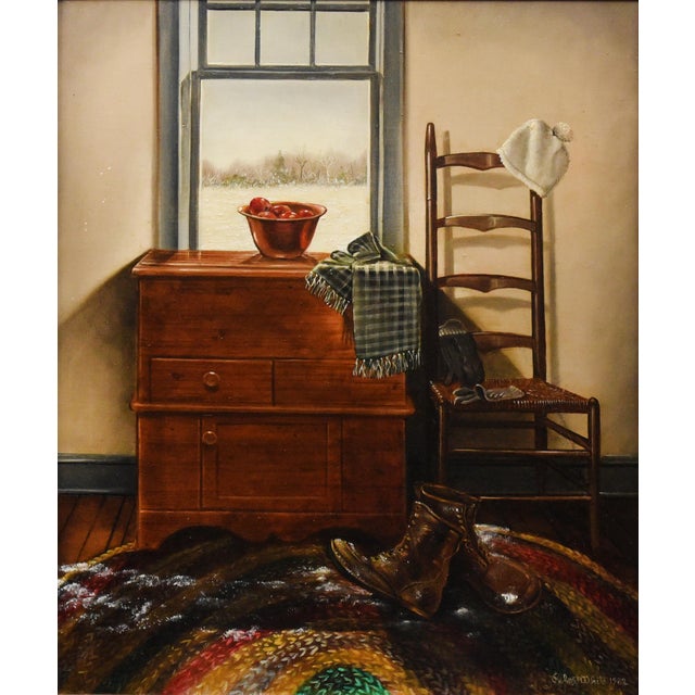 Oil on board, 29" x 32", by Robert White (1921-2008), signed and dated 1983. This meticulously rendered interior scene...