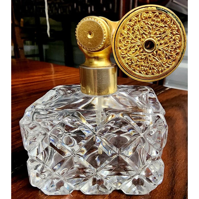 Marcel Franck Vintage Fine Deep Cut Crystal Perfume Bottle W/Brass Atomizer For Sale - Image 11 of 12