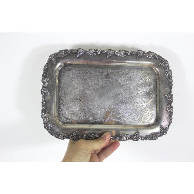 Small Silver Plated Tray, Raised Grape Edge Embossed Detail, Vintage Plate Old English Reproduction Rectangular Serving Dish For Sale - Image 4 of 10