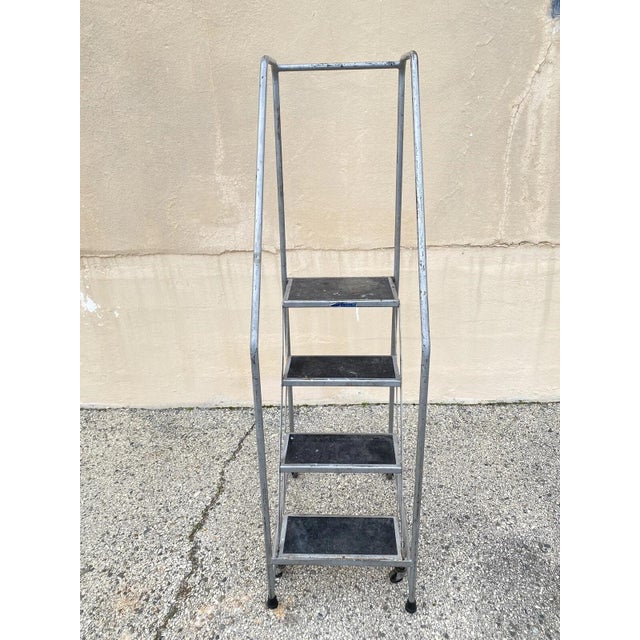 Vintage Ballymore Warehouse Garage 4 Step Metal Rolling Safety Ladder w/ RailsAge: Late 20th Century Measurements: 68.5" H...