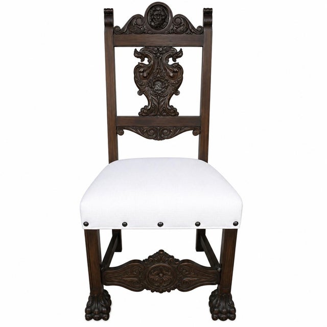 Antique English Hand-Carved Hardwood Figural chair. Intricate detailed carved crest, medallion leg base and silhouette,...