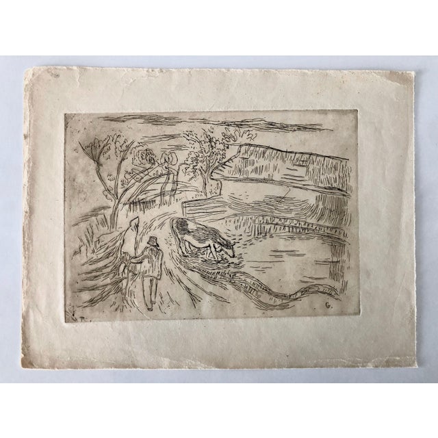 Mid 20th Century Tibor Gergely, Vintage Art Etching Farm with Cow and Farmer, Famed Children's Book Illustrator, c.1940's For Sale - Image 5 of 5