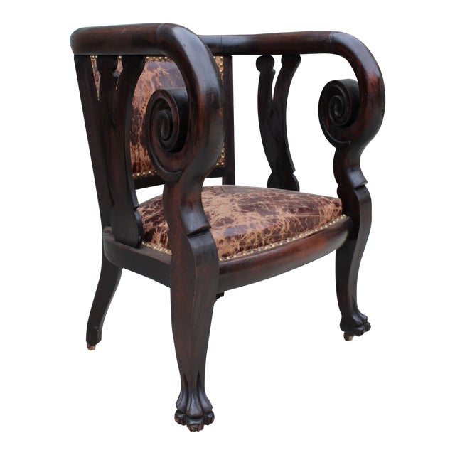 Empire Mahogany Ball Claw Rolled Arm Chair For Sale