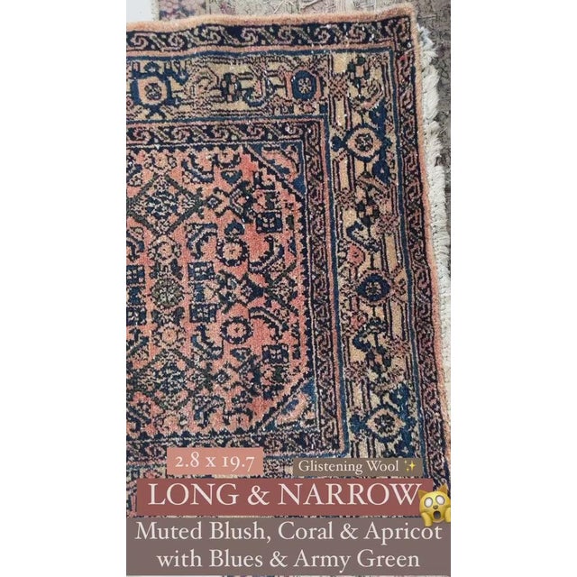 1940s Coral & Glowinng Blush with Indigo & Army Green Runner Rug 2.8 x 19.7 For Sale - Image 10 of 12