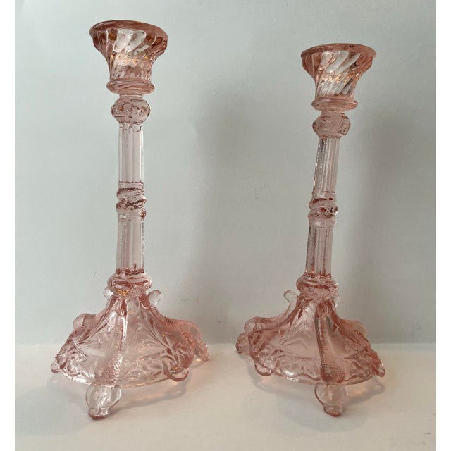 Glass Pair of Portieux Valley Bavard Pink Glass Candlesticks. For Sale - Image 7 of 12