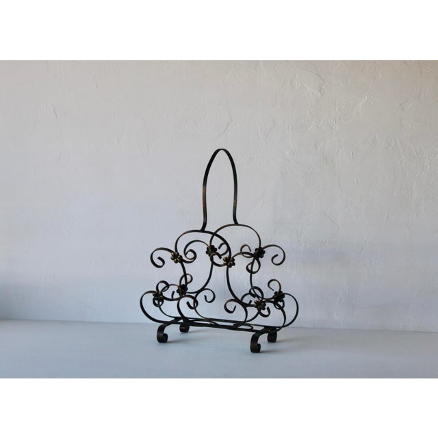 Italian Vintage Italian Scroll Work Rosettes Metal Green Gold Magazine Rack For Sale - Image 3 of 15