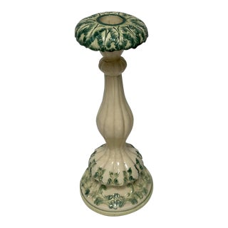 Late 20th Century Majolica Green Leaf and Flower Ceramic Pillar Candlestick For Sale