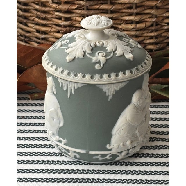 Antique Schafer & Vater Matte Sage Green & White Applied Relief Jasperware Style Lidded Jar For Sale In Little Rock - Image 6 of 10