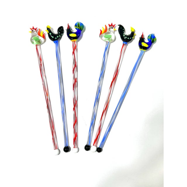 1990s Hand-Blown Glass Rooster Swizzle Sticks – Set of 6 For Sale In Louisville - Image 6 of 8
