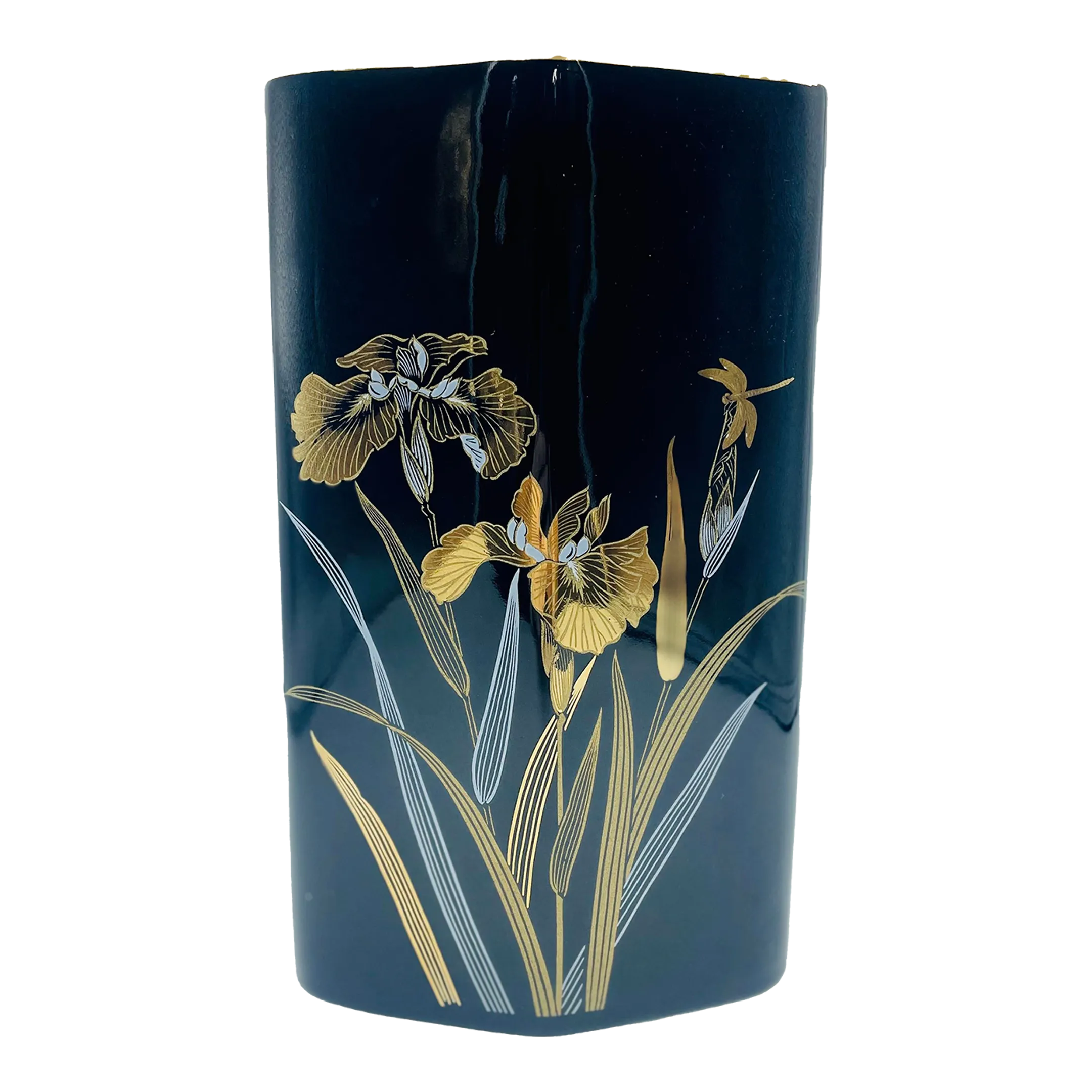 1980s Yamaji Japan Black Vase With Gilded Iris and Dragonfly Motif