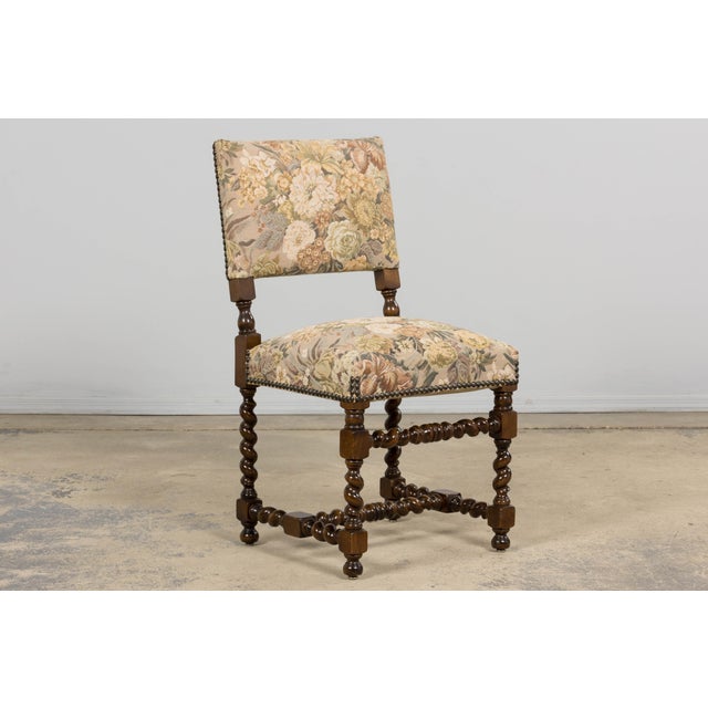 Wood French Louis XIII Style Oak Barley Twist Dining Chairs W/ Floral Tapestry - Set of 8 For Sale - Image 7 of 18
