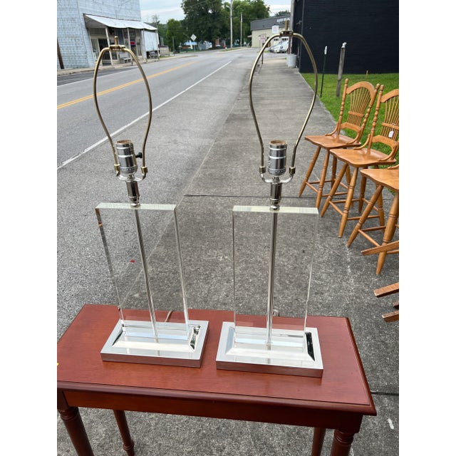 Mid Century Modern Glass Lamps in a Glass Modern Square Design on a Silver Base . Dimensions 5.5 deep x 10 wide x 28.5 to...