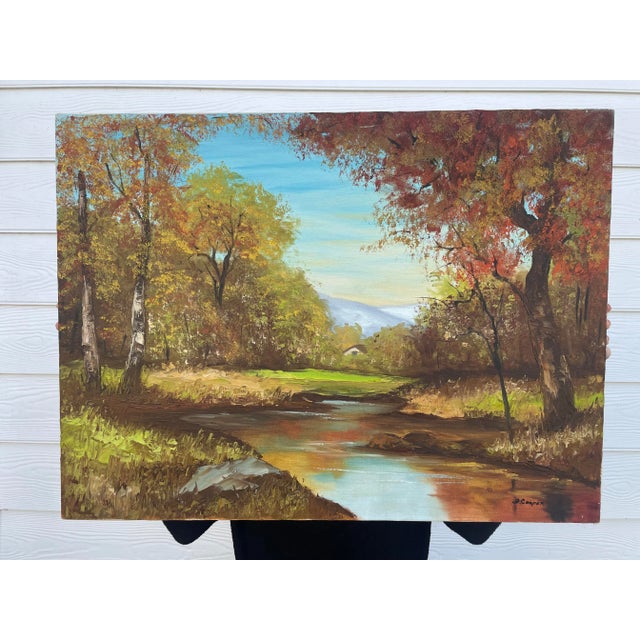 Vintage Traditional Impressionist Still Life Autumn Landscape Original Oil Painting, Chartreuse, Copper, Orange For Sale In Houston - Image 6 of 11