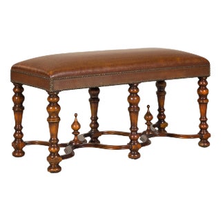 Theodore Alexander Louis XIII Style Leather Bench with Turned Hardwood Legs For Sale