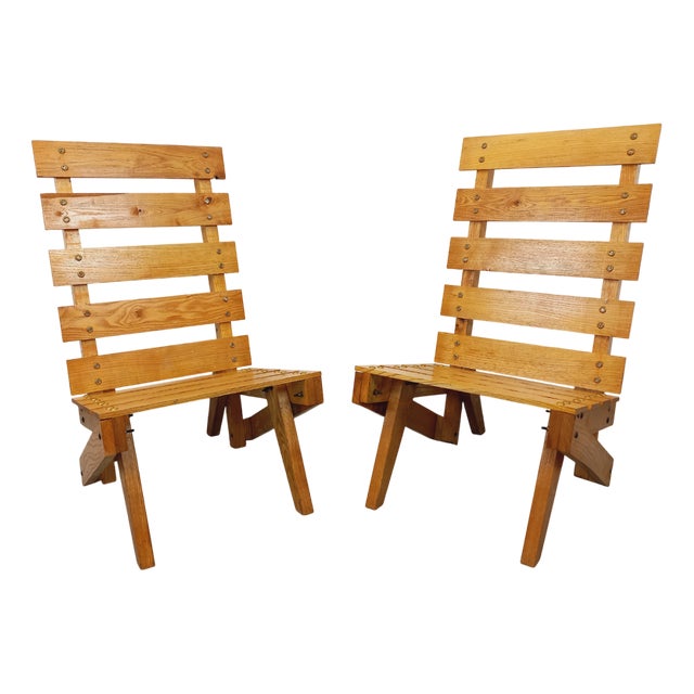 Set of Vintage Brutalist Wooden Slatted Armchairs, 1960s For Sale