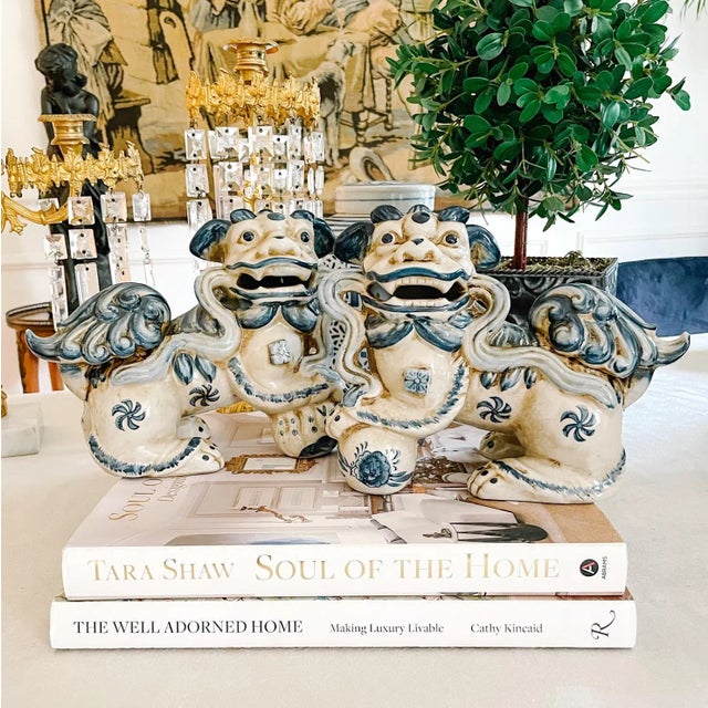 Contemporary Chinese Blue & White Chinese Foo Dogs - A Pair For Sale - Image 10 of 10