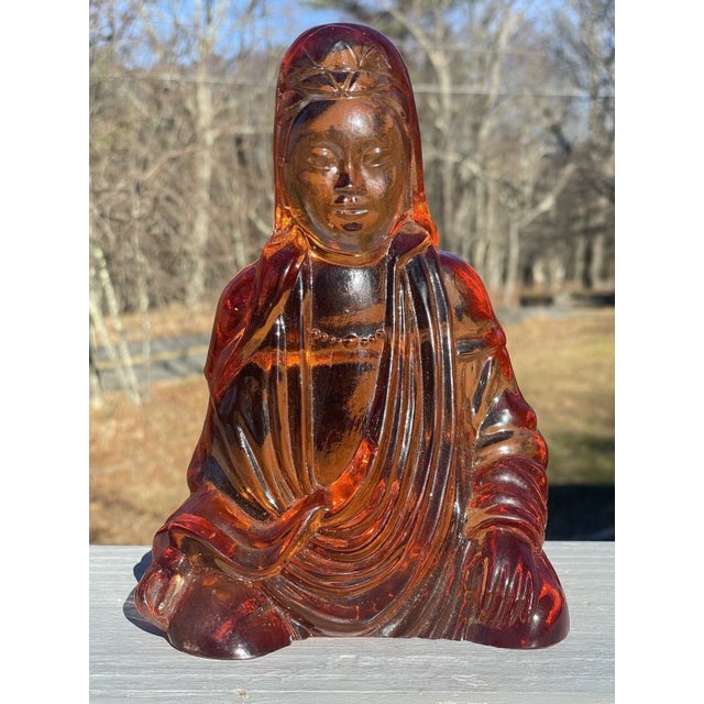 Rare Large Cambridge Amber Glass Buddha Bookend Figurine Art Deco Antique For Sale - Image 12 of 12