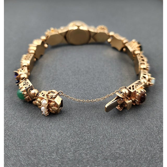1950s 14k Yellow Gold Slide Charm Omega Gemstone Bracelet Watch For Sale - Image 10 of 16