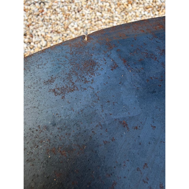 Industrial Moroccan Side Table With Round Raw Steel Top + Weathered Folding Base For Sale - Image 15 of 16