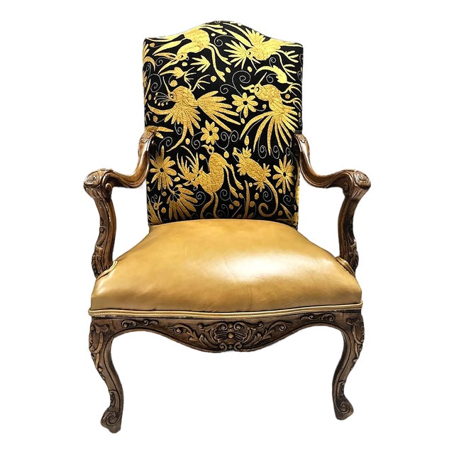Late 20th Century Empress Carlota' Louis XV Large Fauteuil - Carved Walnut Reupholstered With Otomi Hand Embroidery and Leather For Sale
