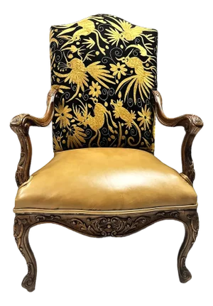 Late 20th Century Empress Carlota' Louis XV Large Fauteuil - Carved Walnut Reupholstered With Otomi Hand Embroidery and Leather
