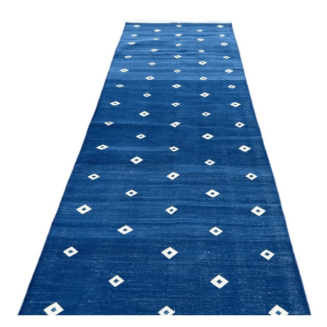 Royal Blue Not Yet Made - Made To Order Handmade Reversible Cotton Runner Rug Vegetable Dyed Blue and White Diamond Dhurrie Runner -3'x14' For Sale - Image 8 of 11