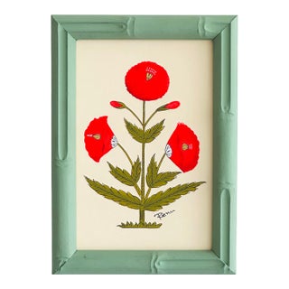 Original Hand-Painted Red and Green Floral Motif Painting in a Hand-Painted Frame For Sale