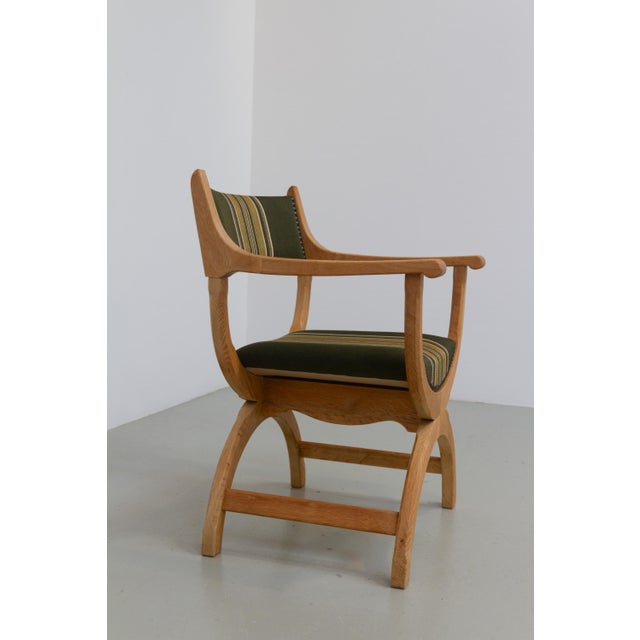 Wood Danish Kurul Armchair in Oak and Striped Green Wool by Henning Kjærnulf, 1960s For Sale - Image 7 of 18