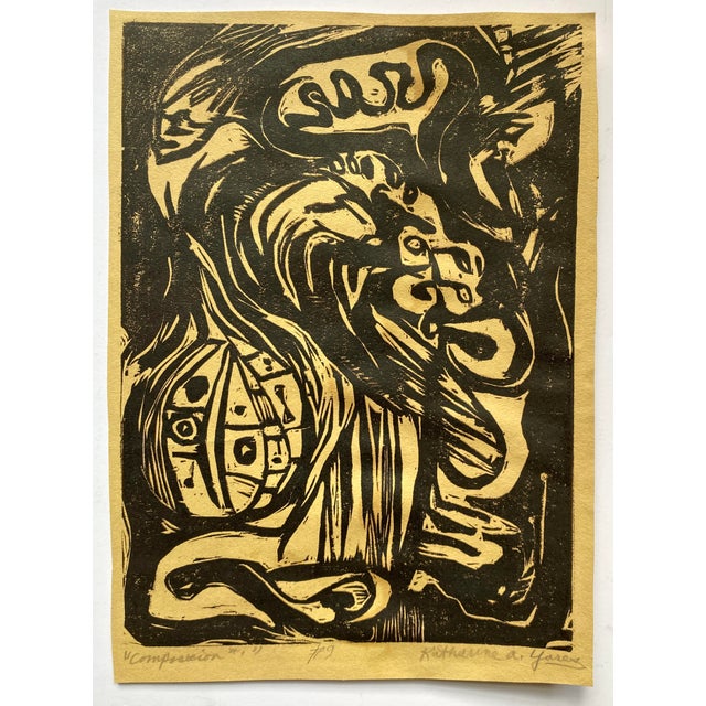 1960s Katharine Yares woodblock print titled "Composicion #1" and numbered 9. 16.9 x 12 inches