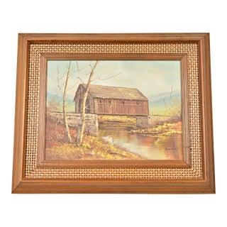Original Artist Signed Oil Painting on Canvas Rural Landscape of "Covered Bridge" in Carved Walnut and Woven Rattan Frame For Sale