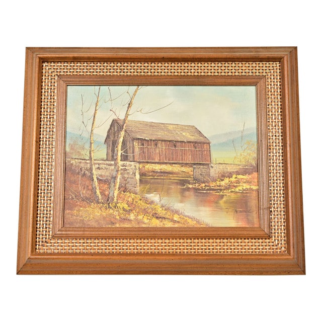 Original Artist Signed Oil Painting on Canvas Rural Landscape of "Covered Bridge" in Carved Walnut and Woven Rattan Frame For Sale