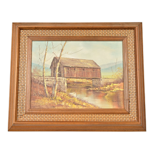 Original Artist Signed Oil Painting on Canvas Rural Landscape of "Covered Bridge" in Carved Walnut and Woven Rattan Frame