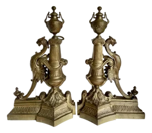 Pair of Antique French Louis XVI Bronze Gryphon and Urn Andirons Chenets