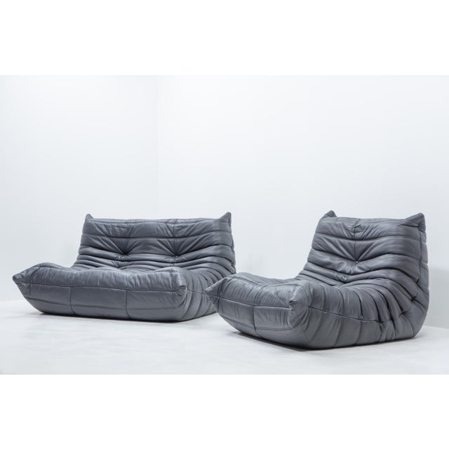 Ligne Roset Togo Set in Grey Leather by Michel Ducaroy for Ligne Roset, 1990s, Set of 2 For Sale - Image 4 of 15