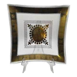 Vintage Mid Century Modern Square Bent Glass Serving Tray With Greek Key Design For Sale