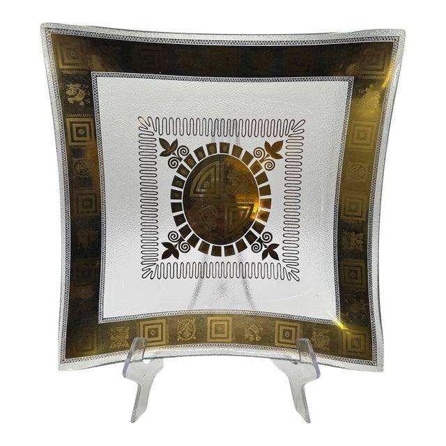 Vintage Mid Century Modern Square Bent Glass Serving Tray With Greek Key Design For Sale