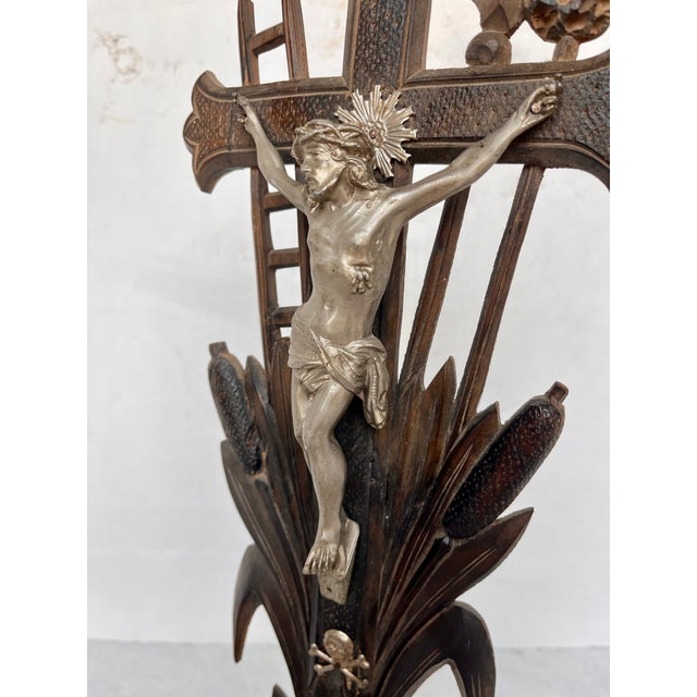 Antique French Handcrafted Wood Crucifix With Pewter Finish Figurine For Sale - Image 4 of 14