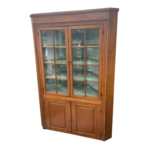 Antique Pine Wood Corner Cabinet, Early 20th Century, Blown Glass Panes, Original Finish