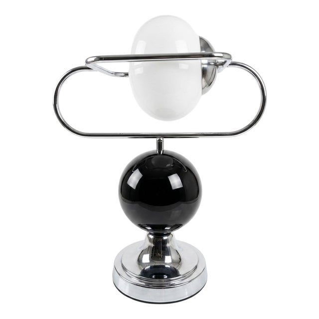 Space Age Style Table Lamp in Chrome, Opaline Glass and Black Sphere, 1970s For Sale