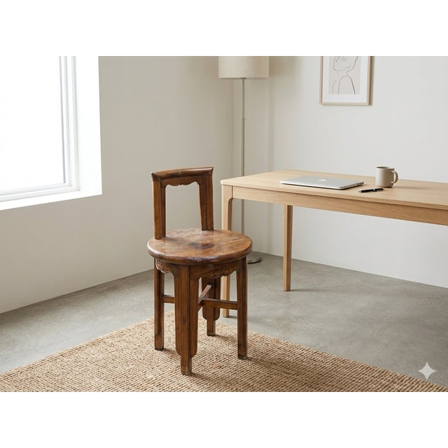 Vintage Rustic Patina Round Seat Cross 4 Legs Wood Bench Stool Table For Sale - Image 9 of 11