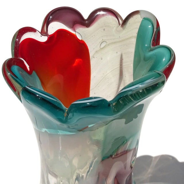Vintage Murano Abstract Multi-Color Red Teal Tree Trunk Italian Art Glass Flower Vase With Original Label For Sale In Orlando - Image 6 of 10